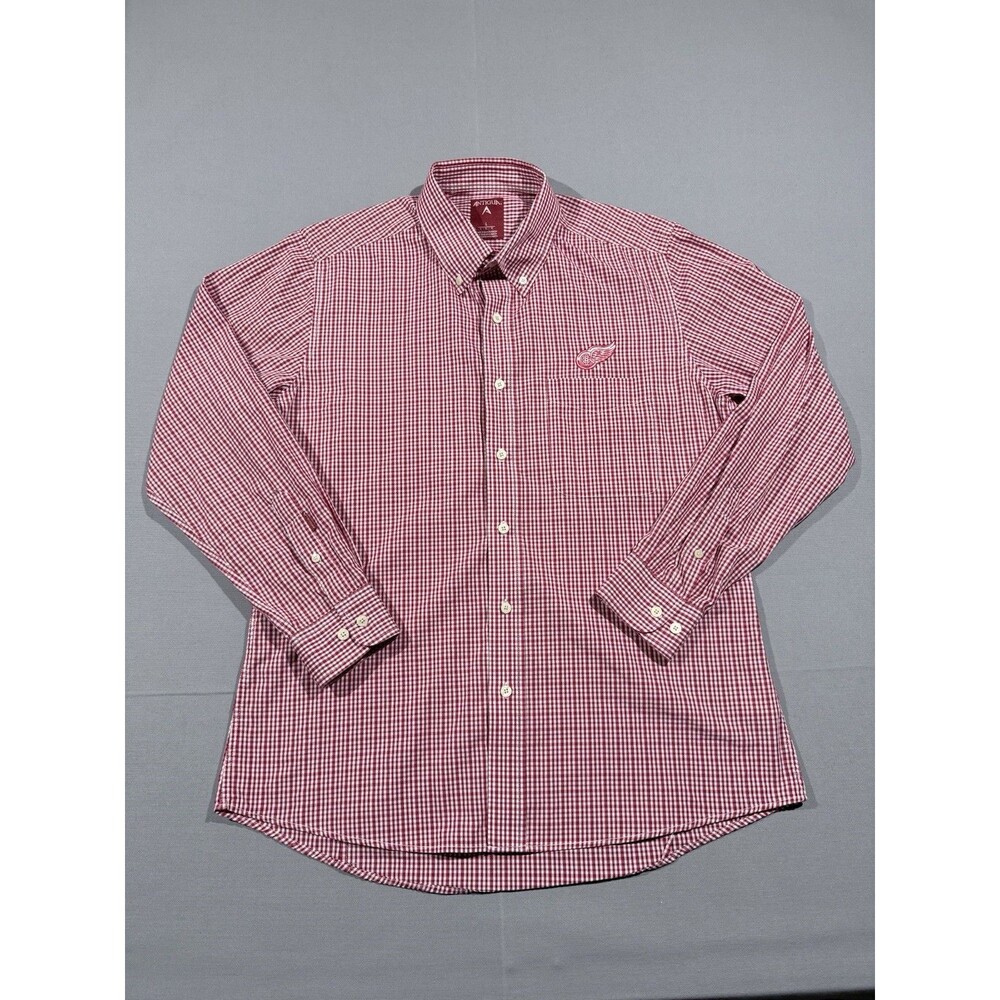 Mens Antigua Long Sleeve Red/White Gingham Button Down Detroit Red Wings Shirt